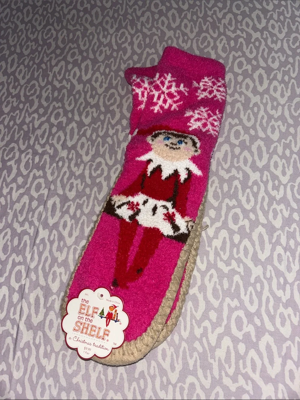 Kids Fuzzy Pink Elf Holiday Slipper Socks with Snowflakes